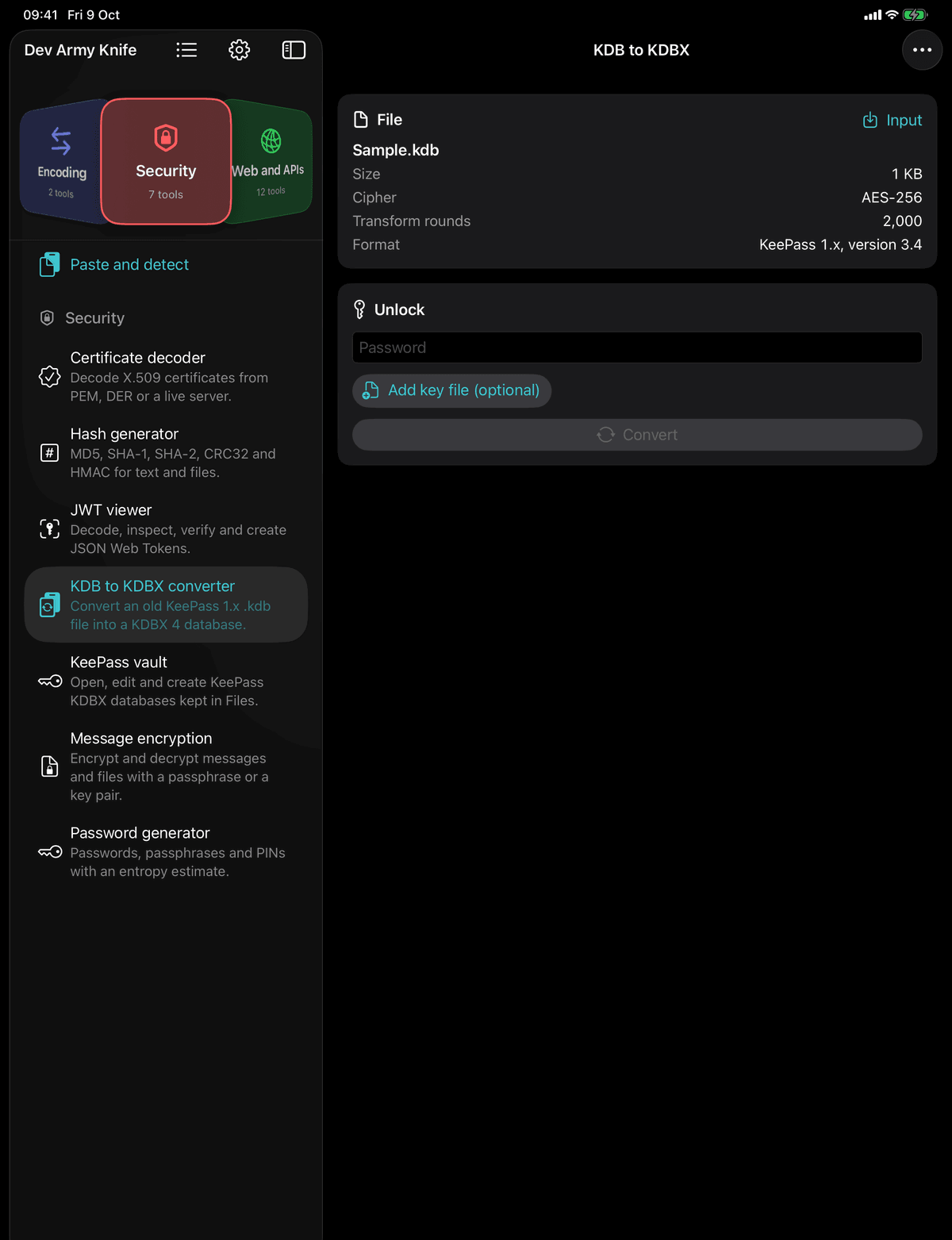 Dev Army Knife on iPad: KDB to KDBX converter. Convert an old KeePass 1.x .kdb file into a KDBX 4 database