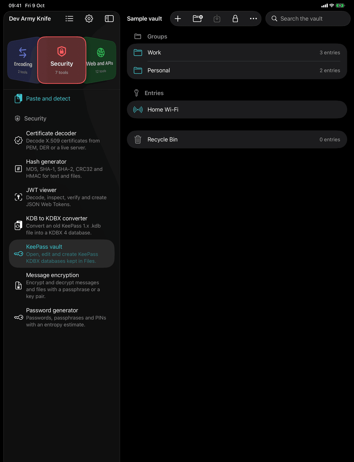 Dev Army Knife on iPad: KeePass vault. Open, edit and create KeePass KDBX databases kept in Files