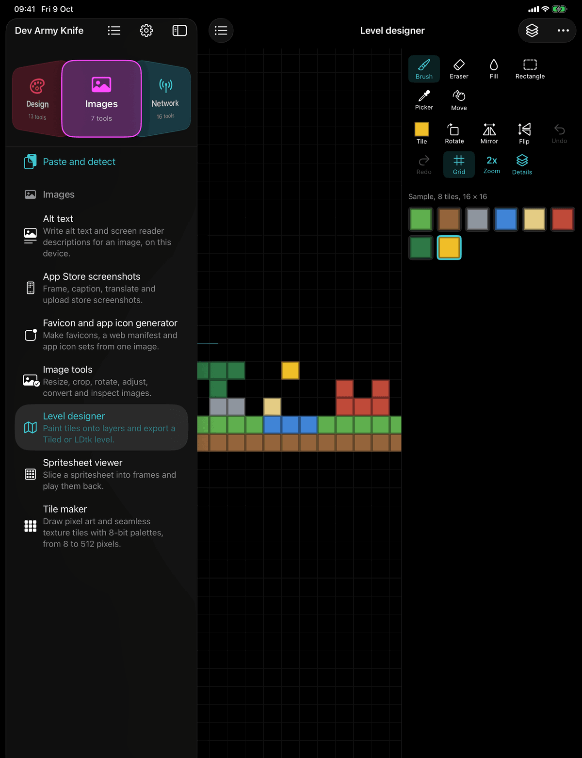 Dev Army Knife on iPad: Level designer. Paint tiles onto layers and export a Tiled or LDtk level