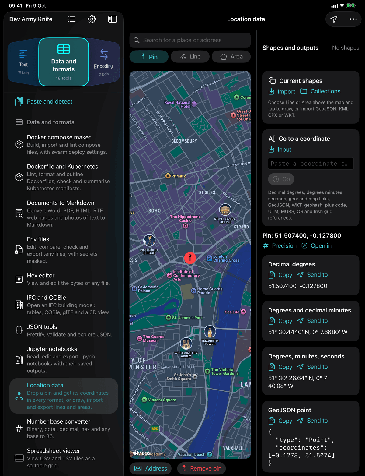 Dev Army Knife on iPad: Location data. Drop a pin and get its coordinates in every format, or draw, import and export lines and areas