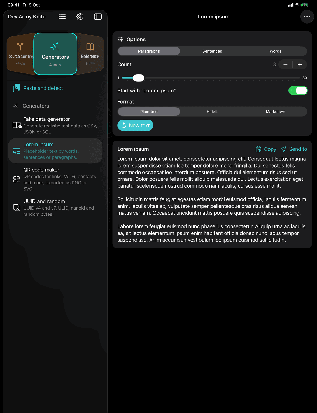 Dev Army Knife on iPad: Lorem ipsum. Placeholder text by words, sentences or paragraphs