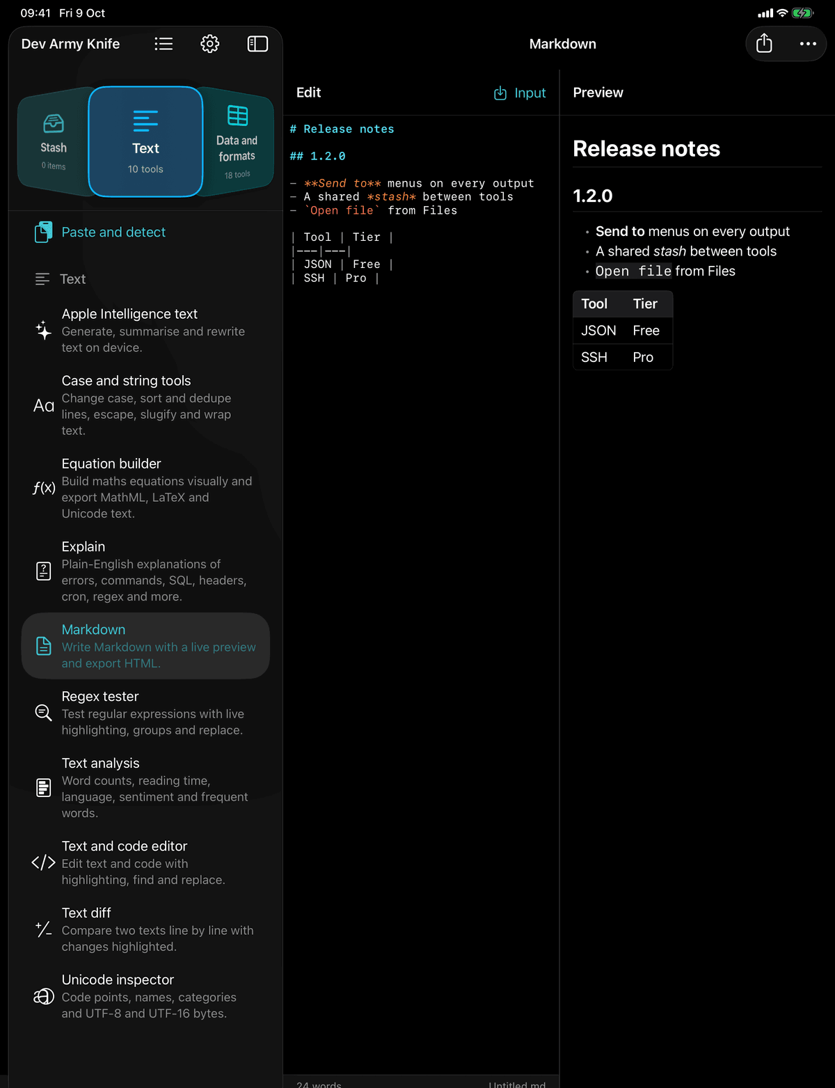 Dev Army Knife on iPad: Markdown. Write Markdown with a live preview and export HTML