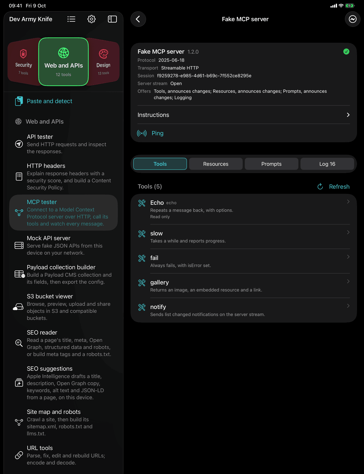 Dev Army Knife on iPad: MCP tester. Connect to a Model Context Protocol server over HTTP, call its tools and watch every message