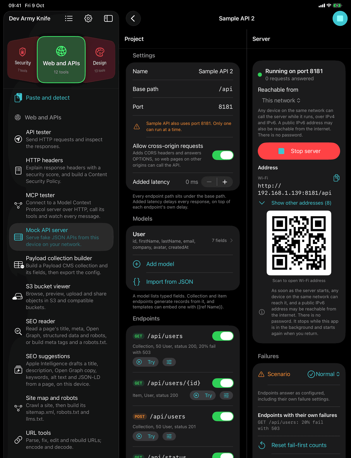 Dev Army Knife on iPad: Mock API server. Serve fake JSON APIs from this device on your network
