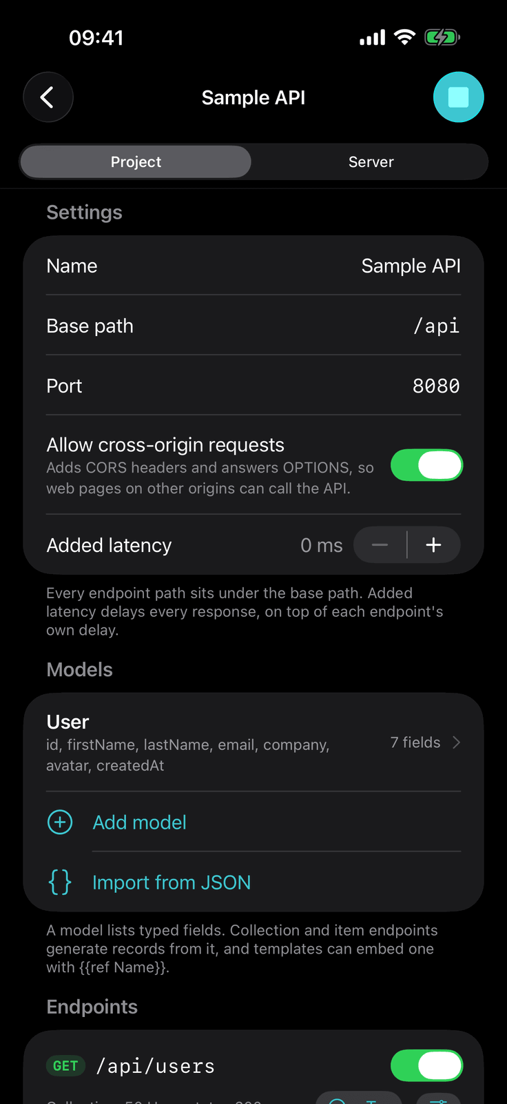 Dev Army Knife on iPhone: Mock API server. Serve fake JSON APIs from this device on your network