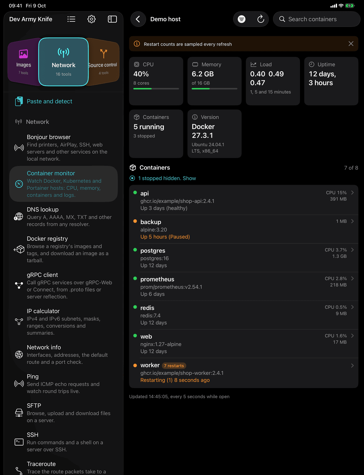 Dev Army Knife on iPad: Container monitor. Watch Docker, Kubernetes and Portainer hosts: CPU, memory, containers and logs