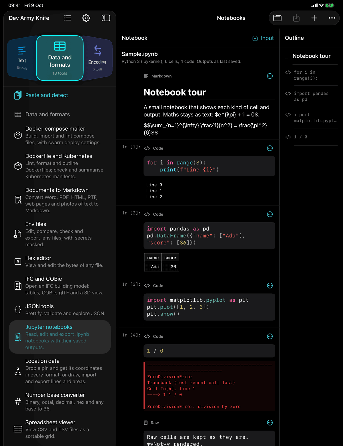 Dev Army Knife on iPad: Jupyter notebooks. Read, edit and export .ipynb notebooks with their saved outputs