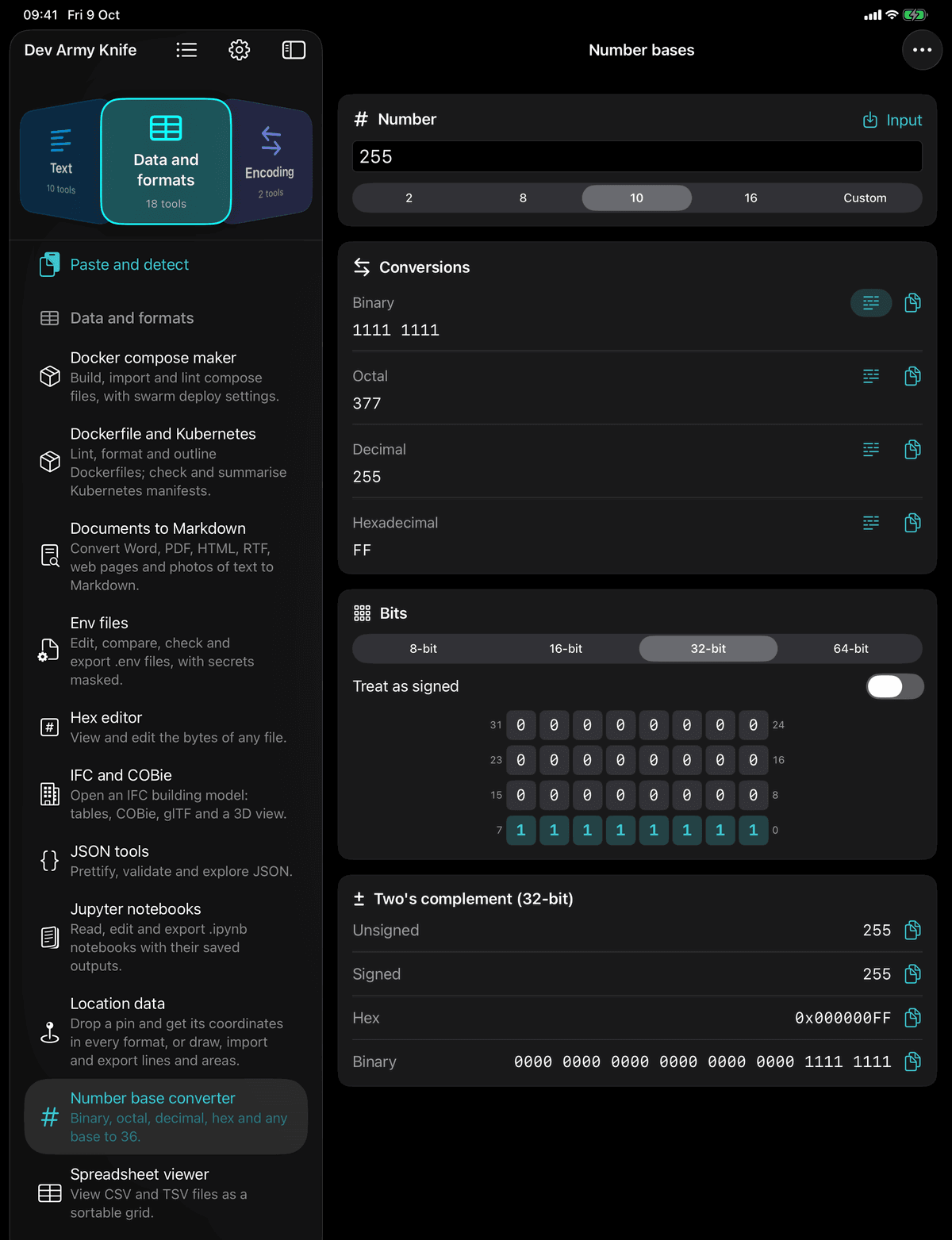 Dev Army Knife on iPad: Number base converter. Binary, octal, decimal, hex and any base to 36