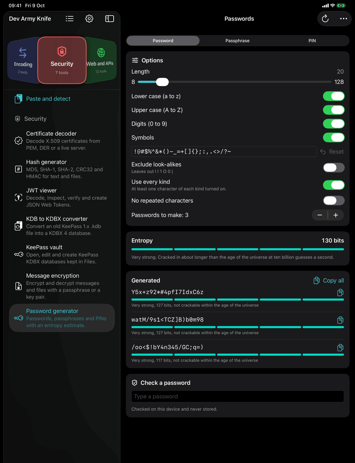 Dev Army Knife on iPad: Password generator. Passwords, passphrases and PINs with an entropy estimate