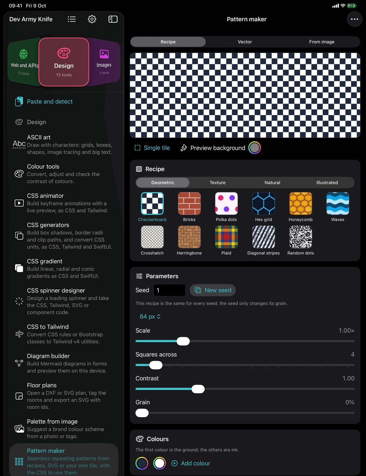 Dev Army Knife on iPad: Pattern maker. Seamless repeating patterns from recipes, SVG or your own tile, with the CSS to use them