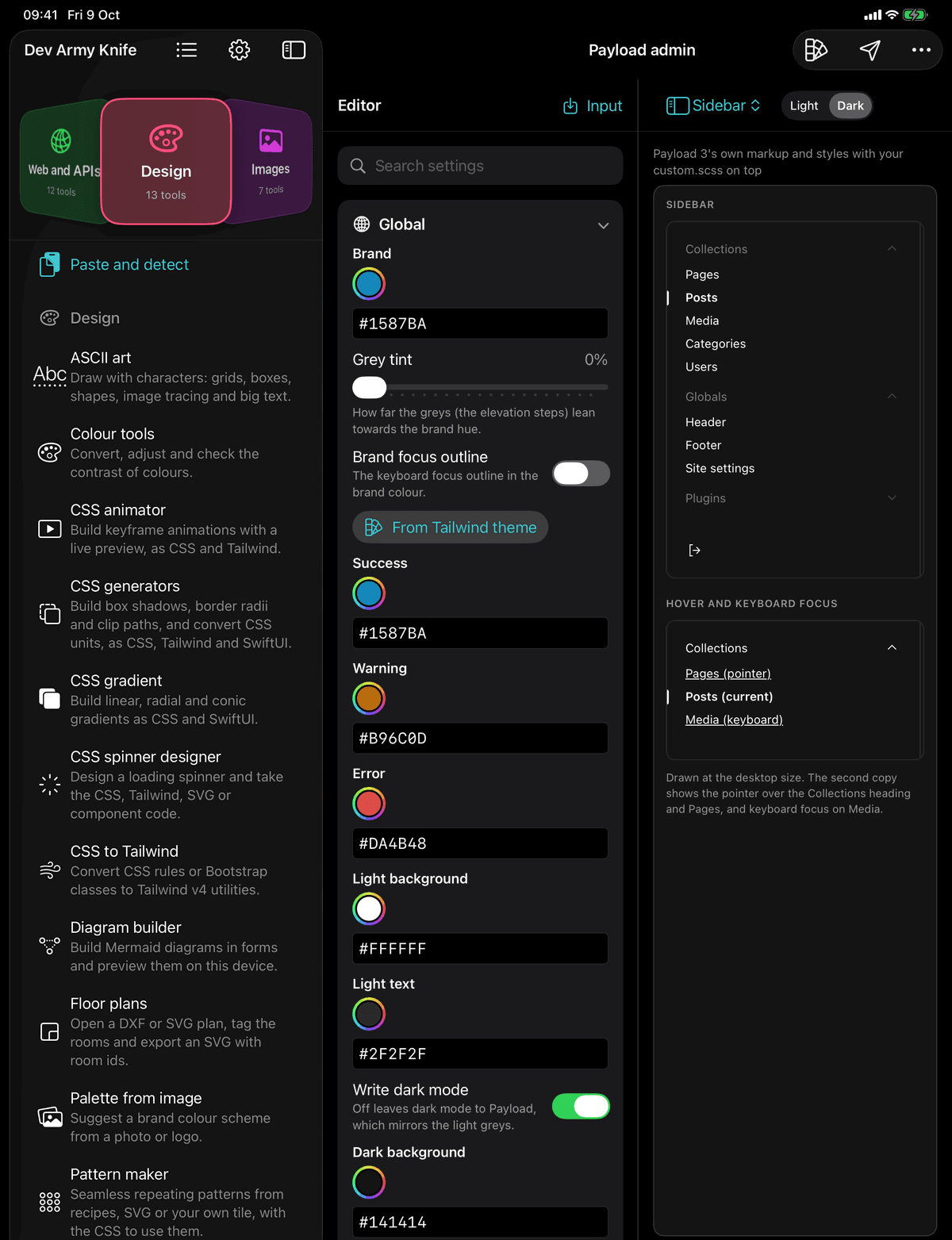 Dev Army Knife on iPad: Payload admin styler. Restyle the Payload CMS admin area and export the CSS