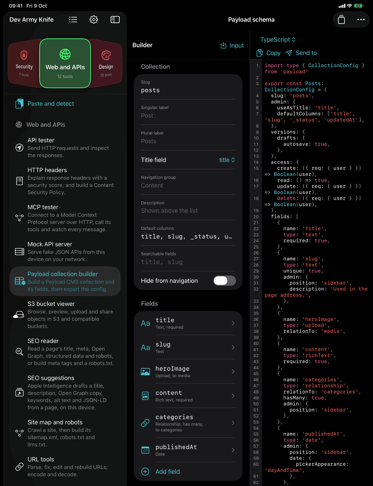 Dev Army Knife on iPad: Payload collection builder. Build a Payload CMS collection and its fields, then export the config