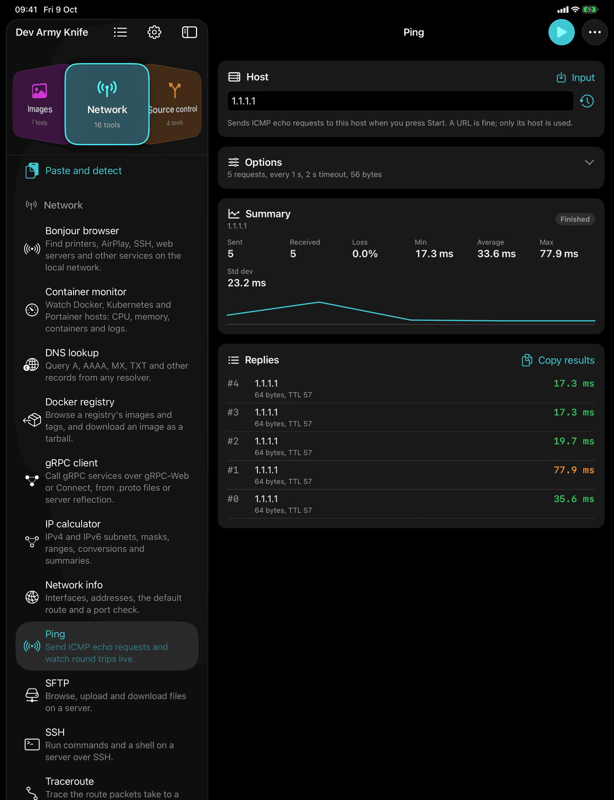 Dev Army Knife on iPad: Ping. Send ICMP echo requests and watch round trips live