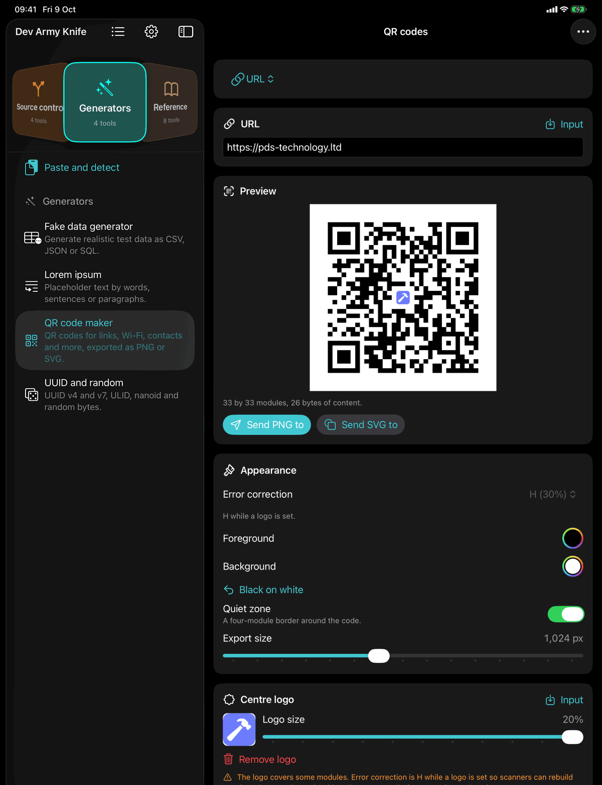 Dev Army Knife on iPad: QR code maker. QR codes for links, Wi-Fi, contacts and more, exported as PNG or SVG