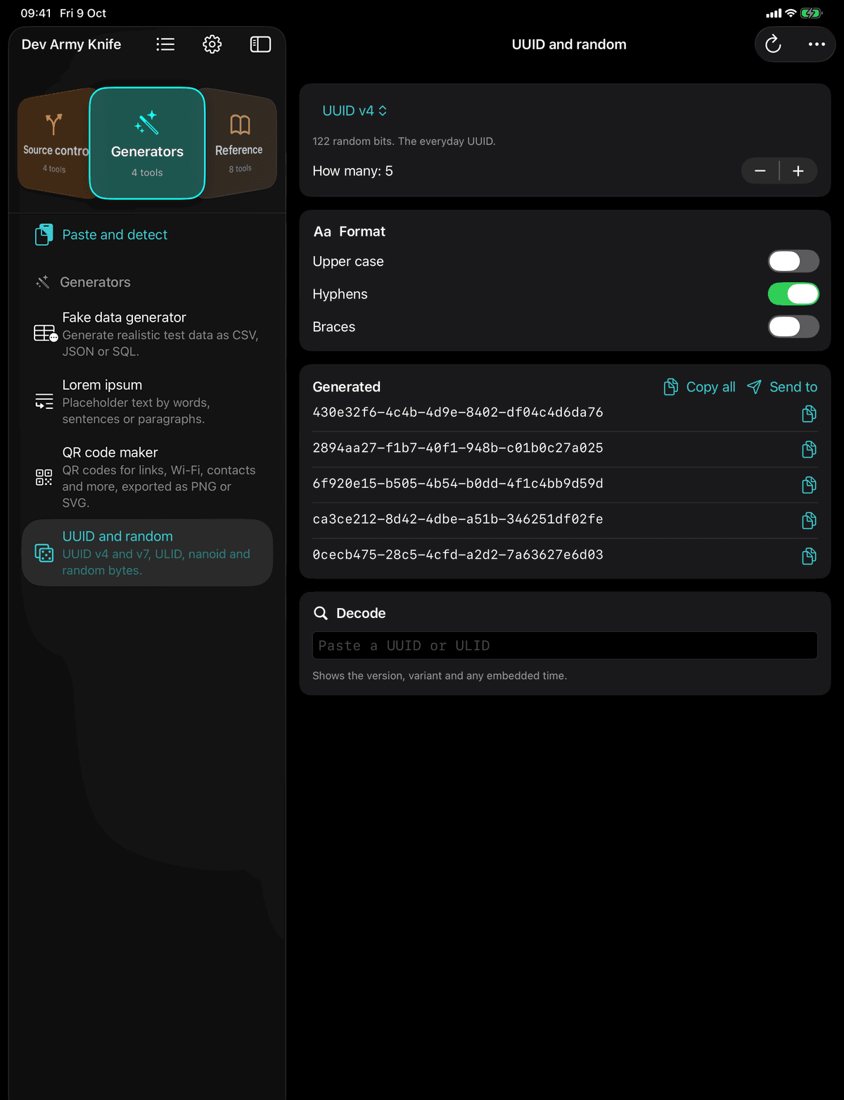 Dev Army Knife on iPad: UUID and random. UUID v4 and v7, ULID, nanoid and random bytes