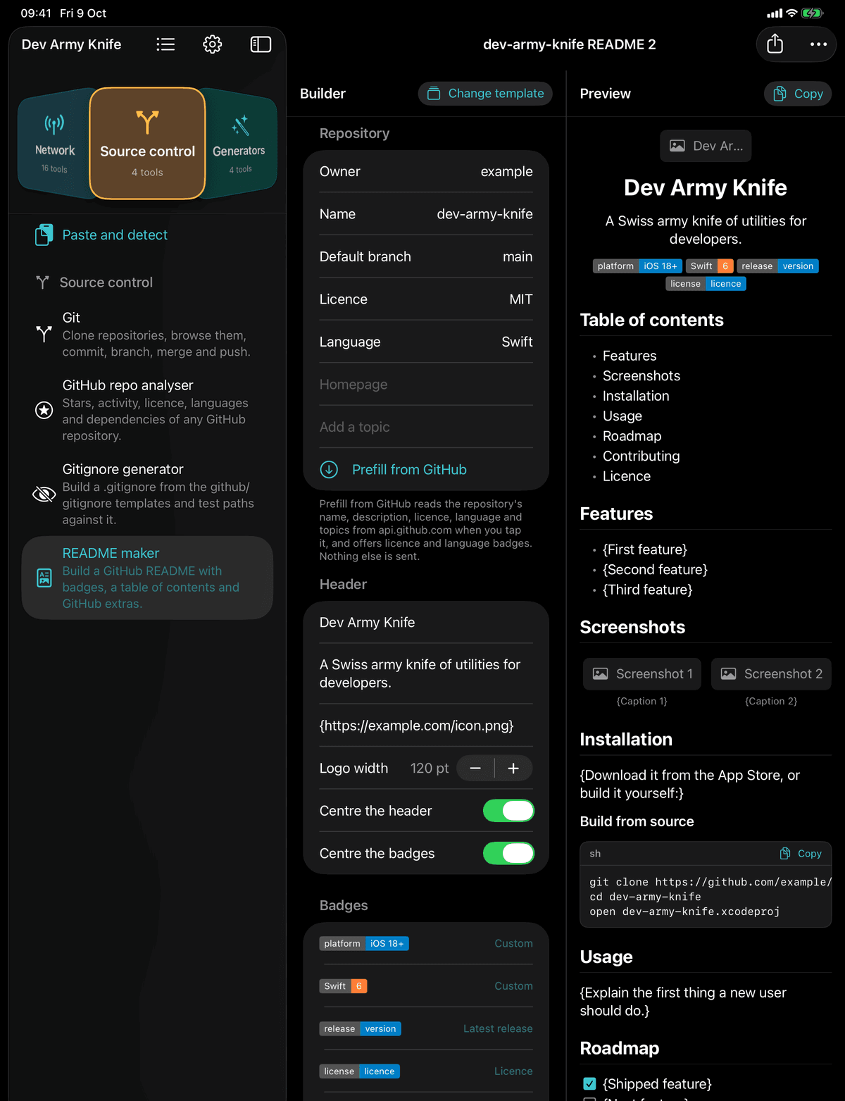 Dev Army Knife on iPad: README maker. Build a GitHub README with badges, a table of contents and GitHub extras