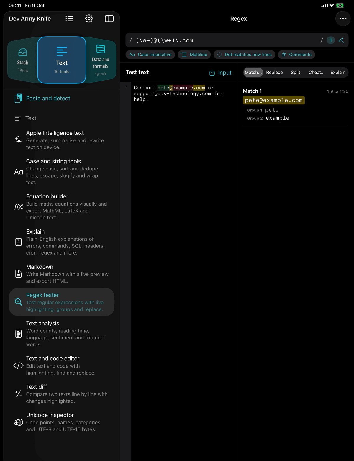 Dev Army Knife on iPad: Regex tester. Test regular expressions with live highlighting, groups and replace