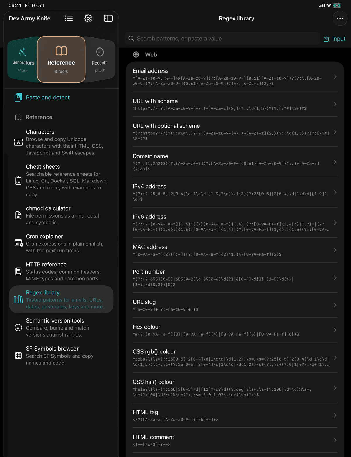 Dev Army Knife on iPad: Regex library. Tested patterns for emails, URLs, dates, postcodes, keys and more