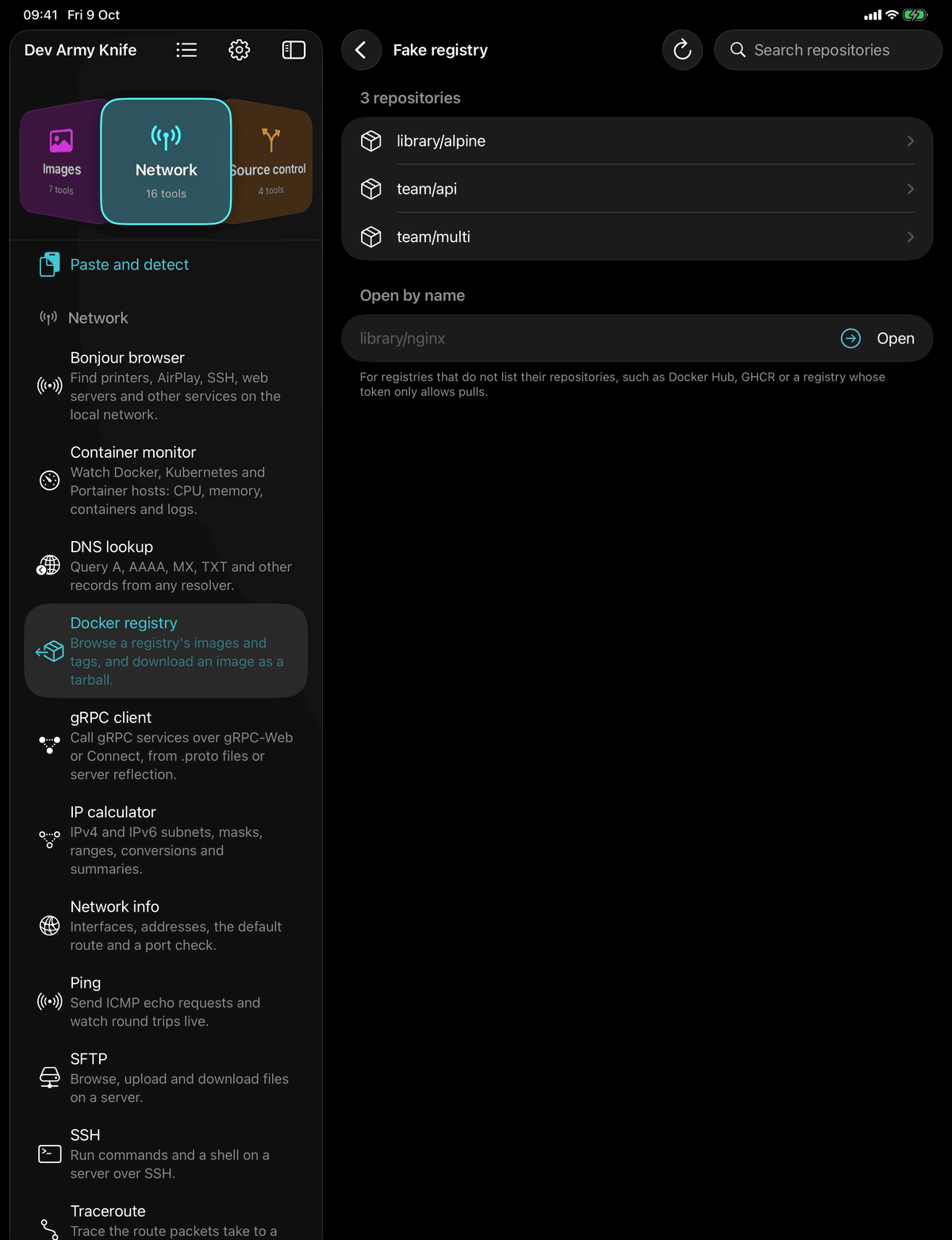 Dev Army Knife on iPad: Docker registry. Browse a registry's images and tags, and download an image as a tarball