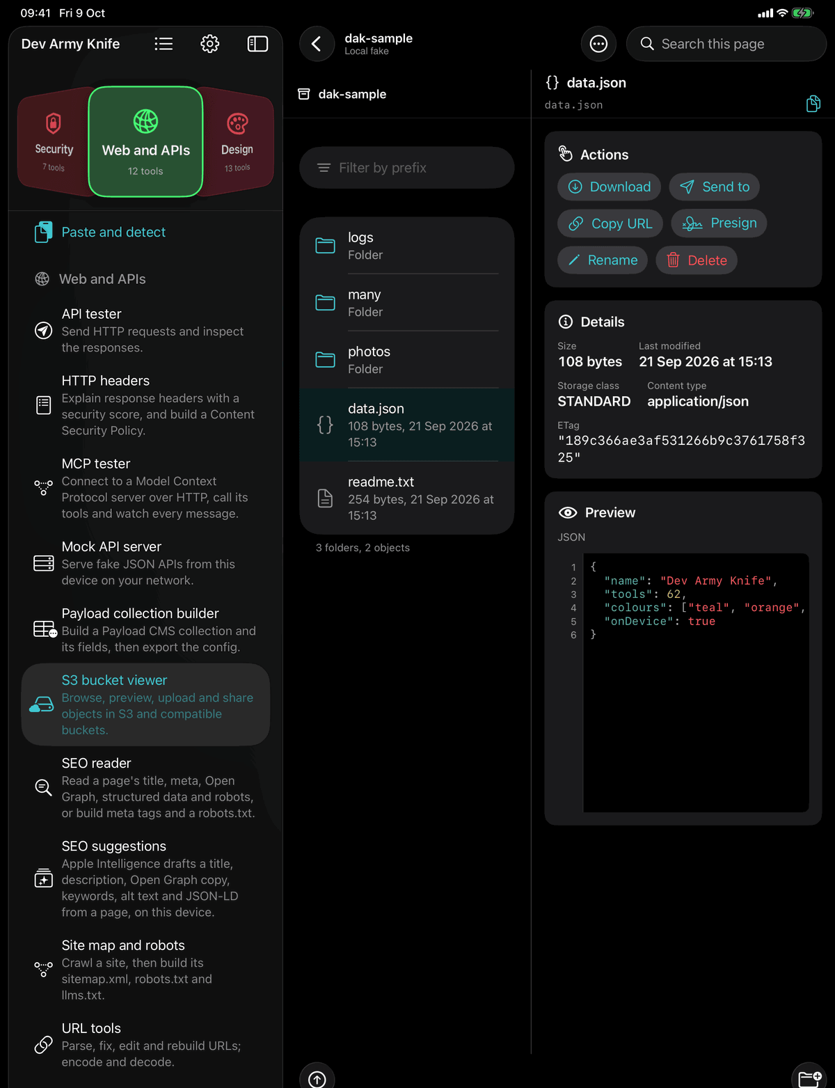 Dev Army Knife on iPad: S3 bucket viewer. Browse, preview, upload and share objects in S3 and compatible buckets
