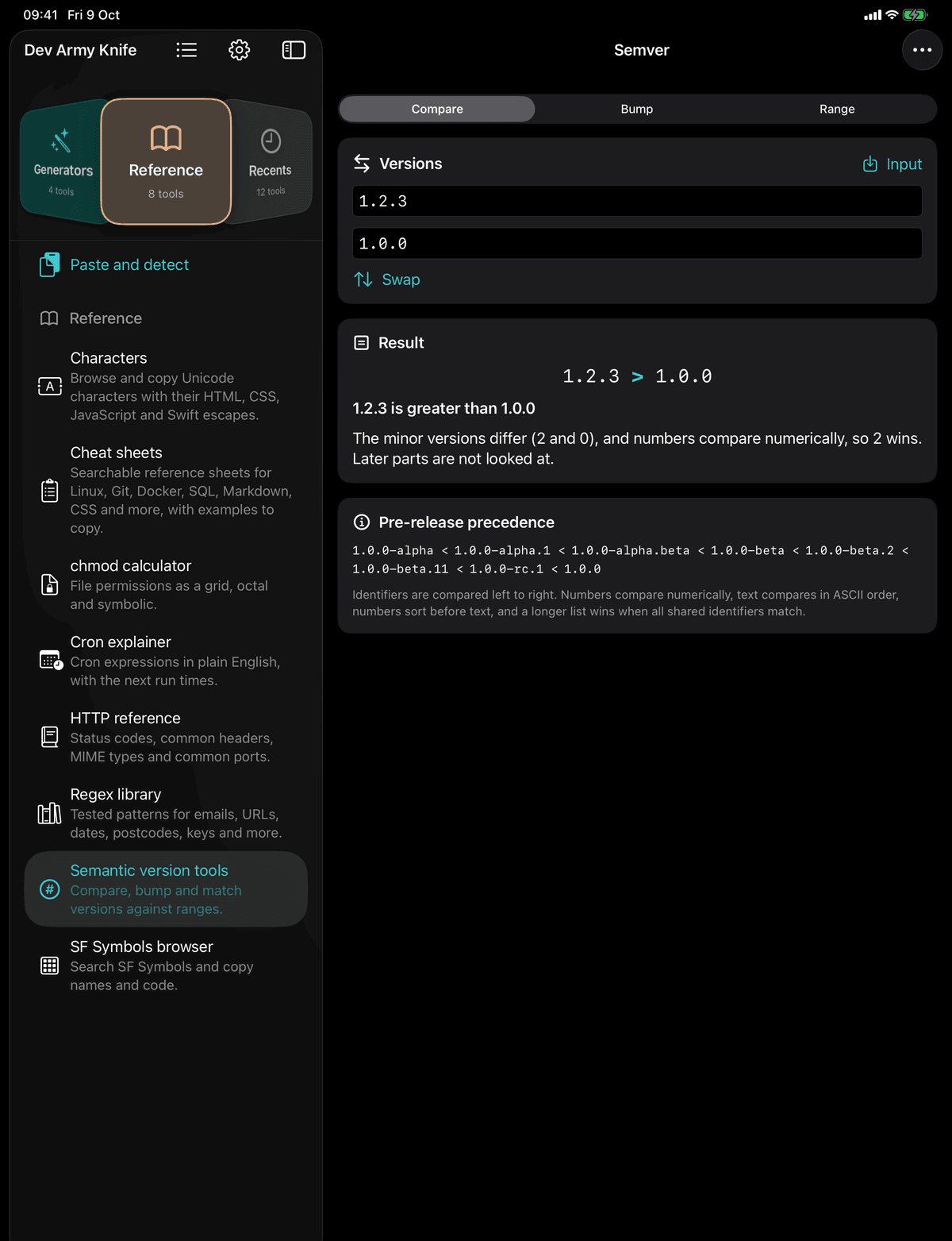 Dev Army Knife on iPad: Semantic version tools. Compare, bump and match versions against ranges