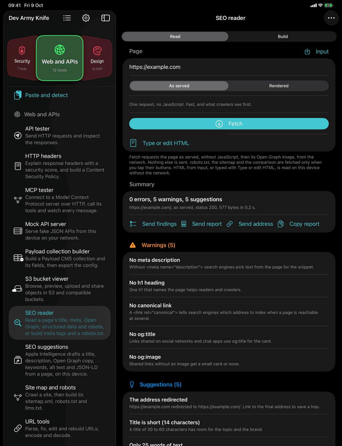 Dev Army Knife on iPad: SEO reader. Read a page's title, meta, Open Graph, structured data and robots, or build meta tags and a robots.txt