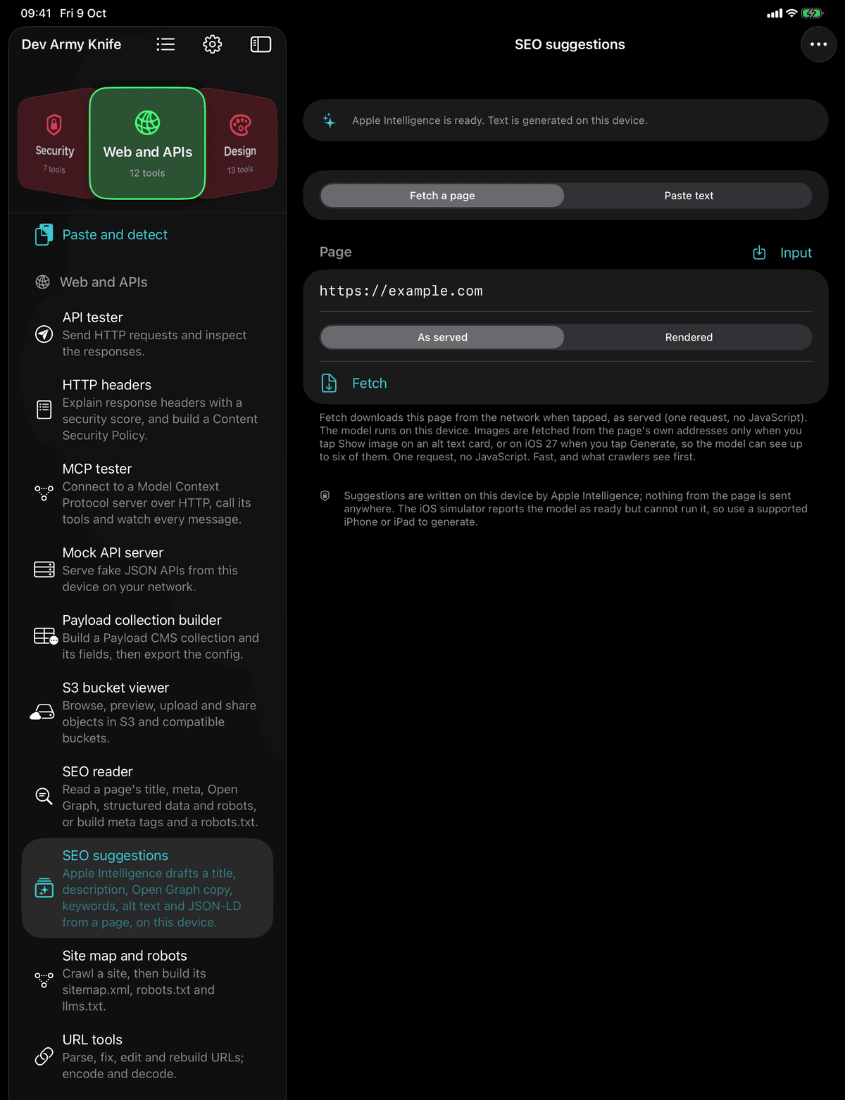 Dev Army Knife on iPad: SEO suggestions. Apple Intelligence drafts a title, description, Open Graph copy, keywords, alt text and JSON-LD from a page, on this device