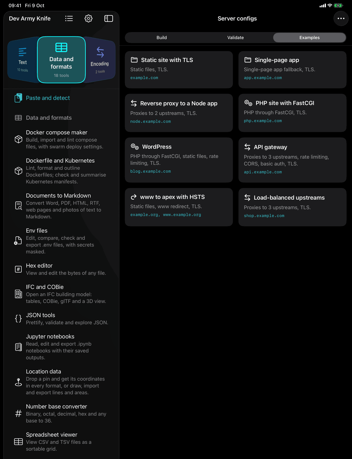 Dev Army Knife on iPad: Web server configs. Build, validate and convert Caddy, nginx, Apache, Traefik and HAProxy configs