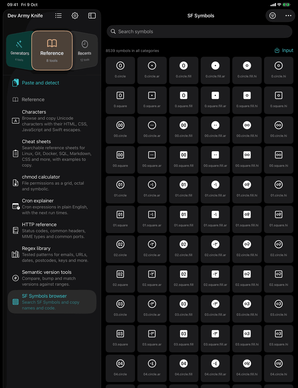 Dev Army Knife on iPad: SF Symbols browser. Search SF Symbols and copy names and code