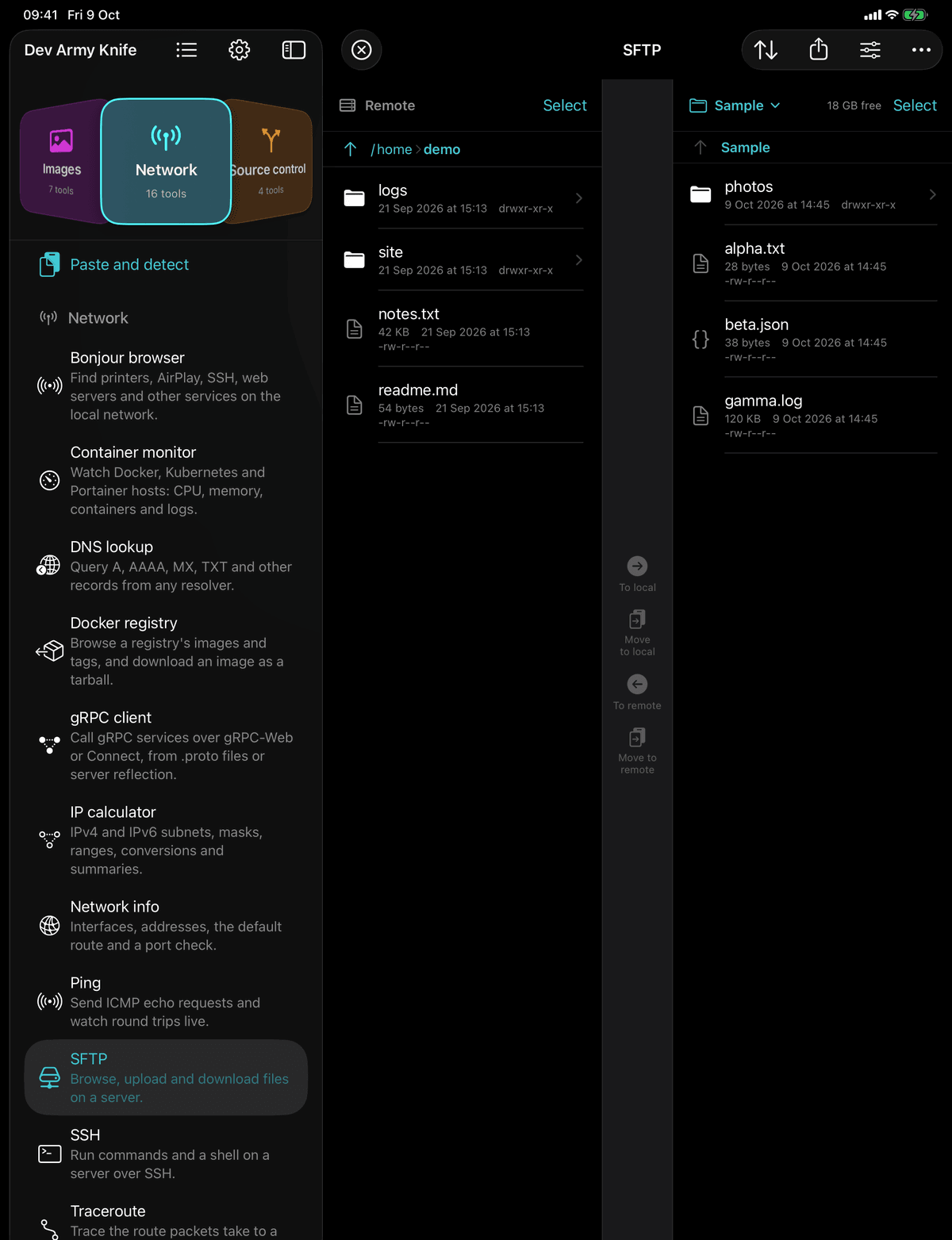 Dev Army Knife on iPad: SFTP. Browse, upload and download files on a server