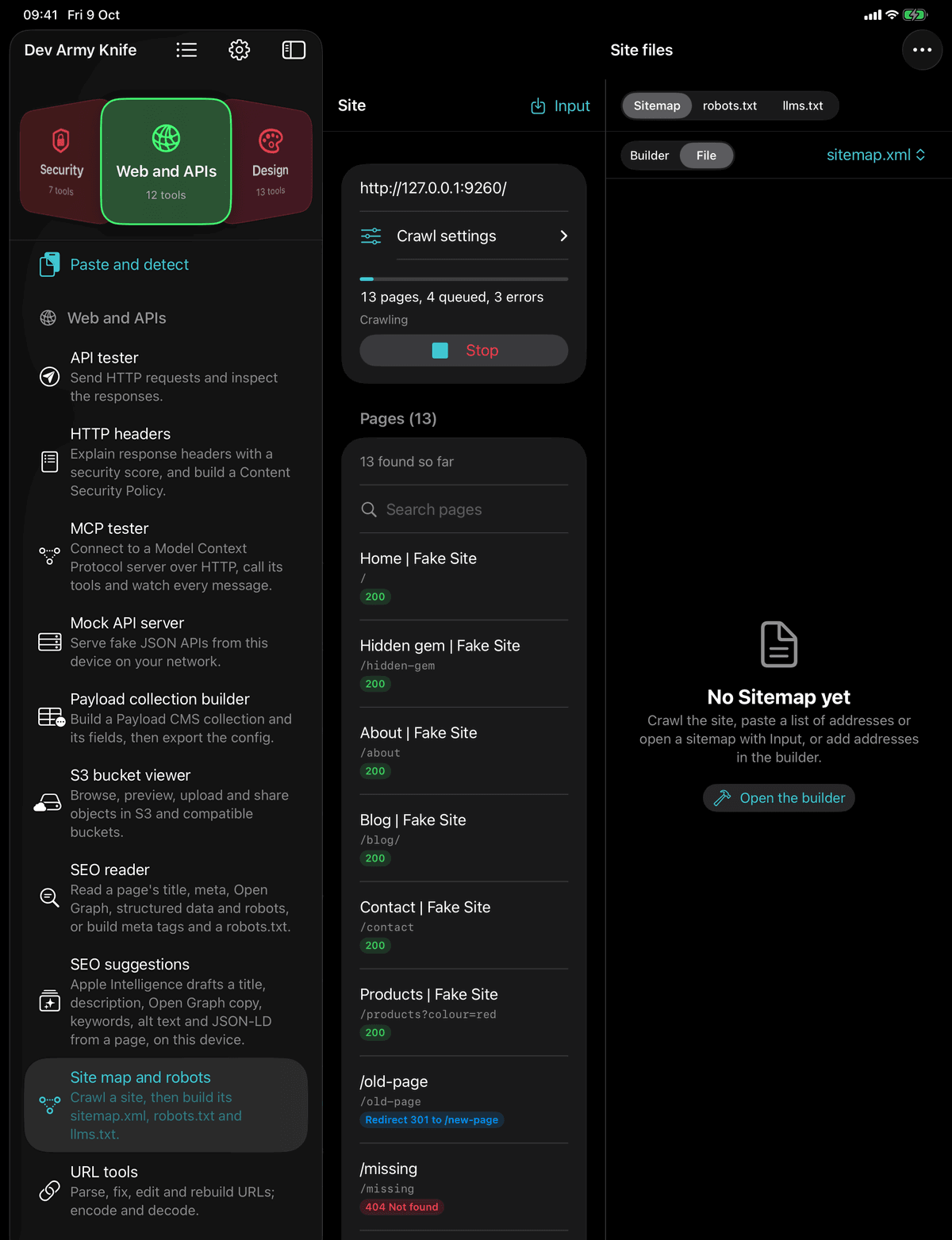 Dev Army Knife on iPad: Site map and robots. Crawl a site, then build its sitemap.xml, robots.txt and llms.txt