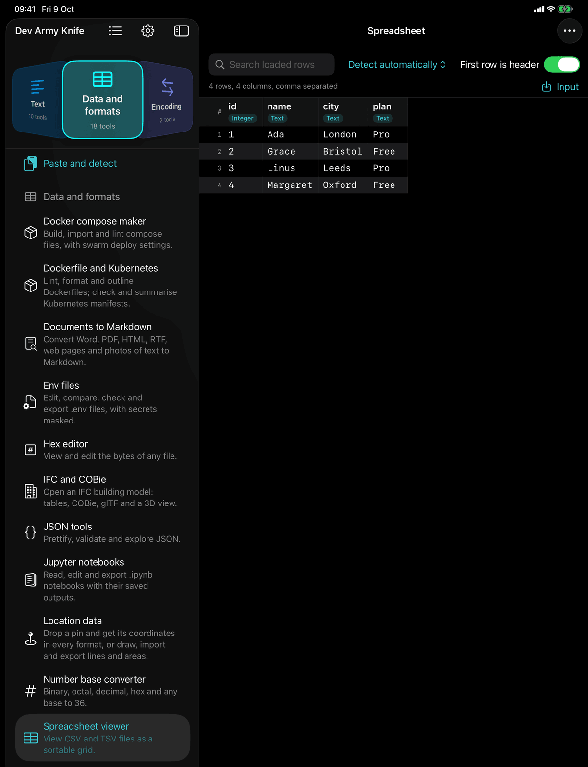 Dev Army Knife on iPad: Spreadsheet viewer. View CSV and TSV files as a sortable grid