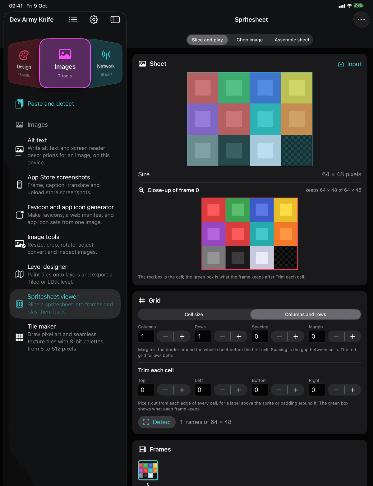 Dev Army Knife on iPad: Spritesheet viewer. Slice a spritesheet into frames and play them back
