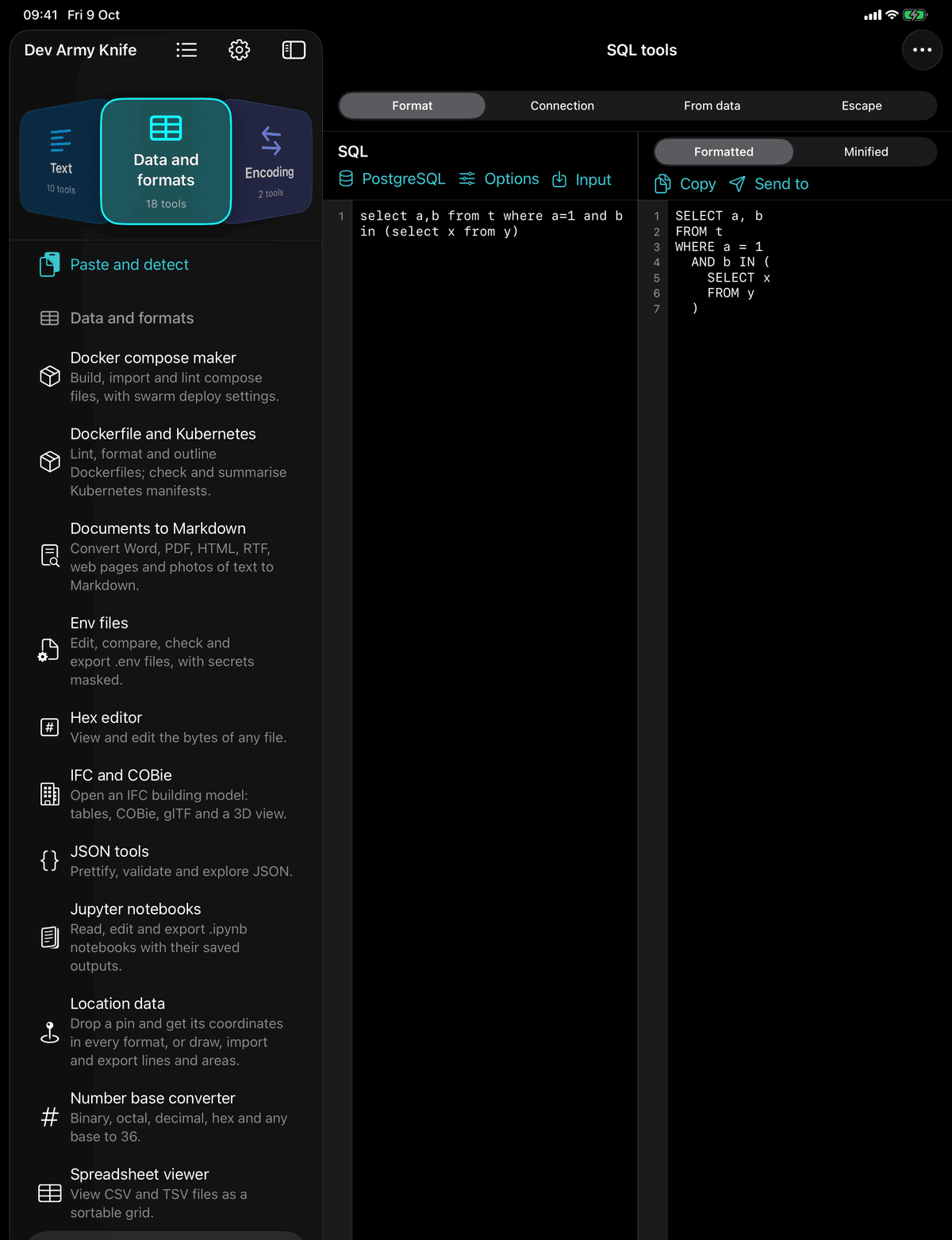 Dev Army Knife on iPad: SQL tools. Format SQL, build connection strings, generate inserts and escape values