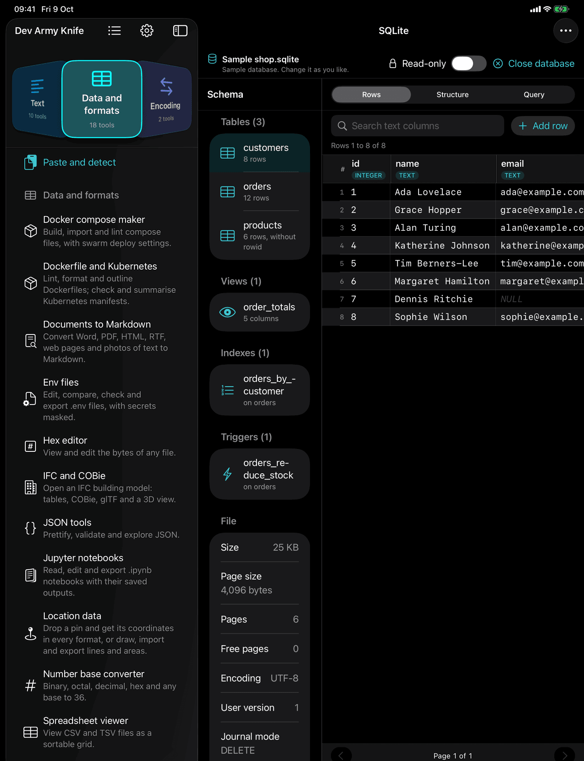 Dev Army Knife on iPad: SQLite viewer. Open, browse, query and edit SQLite databases