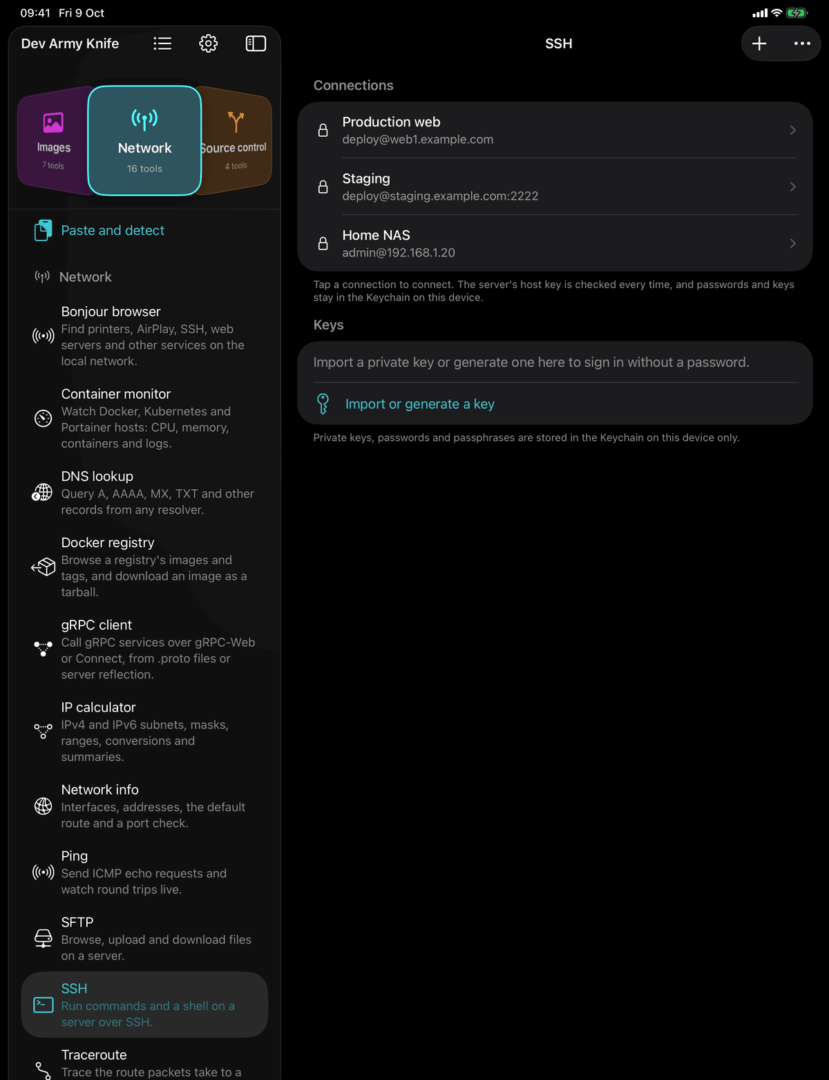 Dev Army Knife on iPad: SSH. Run commands and a shell on a server over SSH