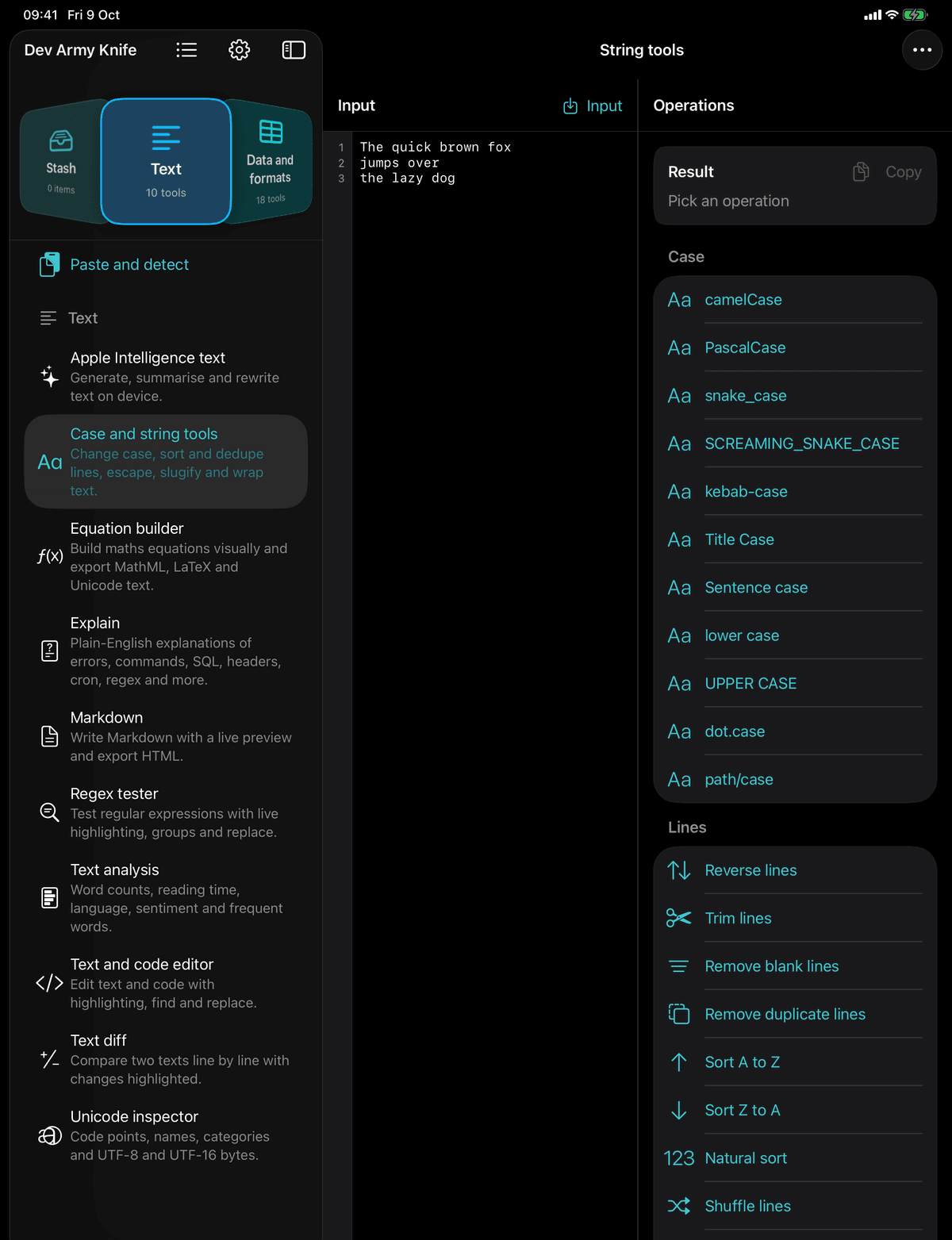 Dev Army Knife on iPad: Case and string tools. Change case, sort and dedupe lines, escape, slugify and wrap text