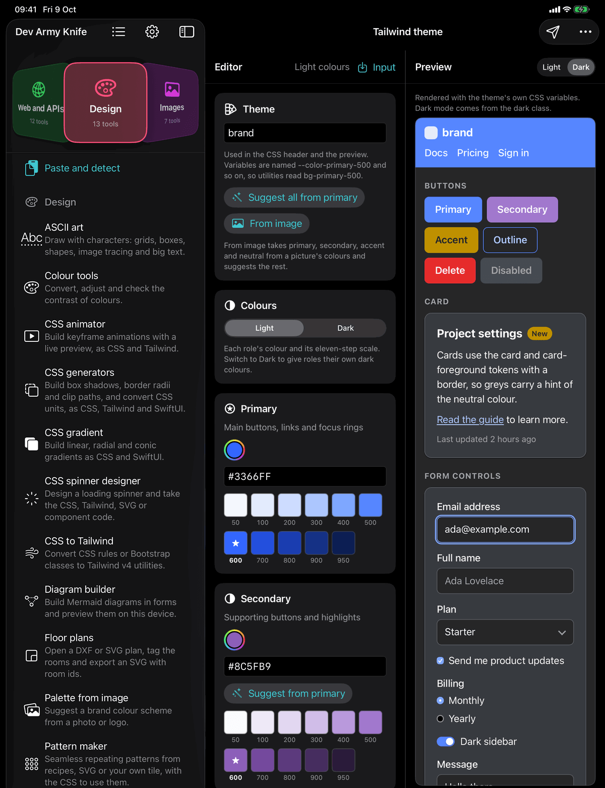 Dev Army Knife on iPad: Tailwind theme maker. Turn brand colours into a Tailwind colour theme with a live preview