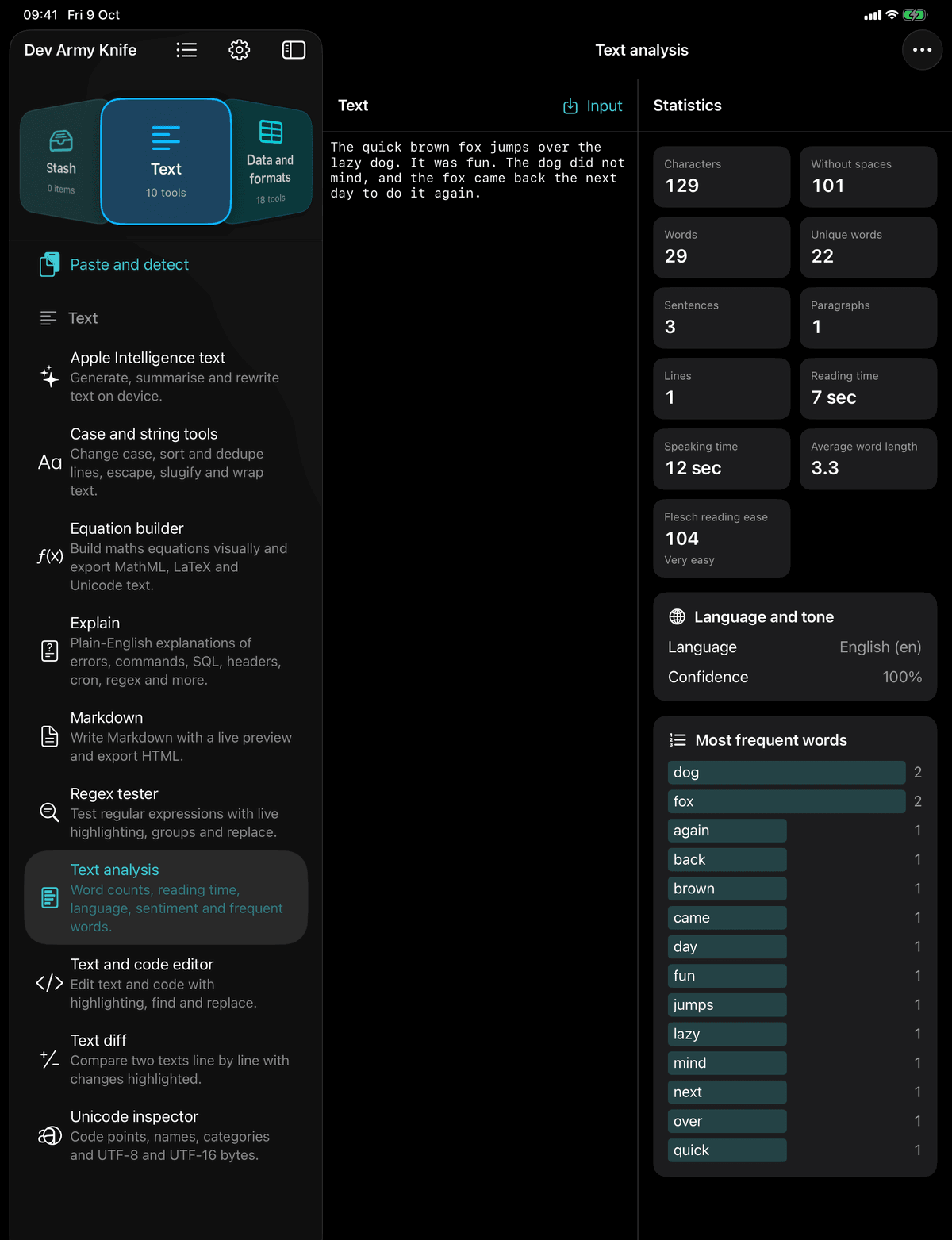 Dev Army Knife on iPad: Text analysis. Word counts, reading time, language, sentiment and frequent words