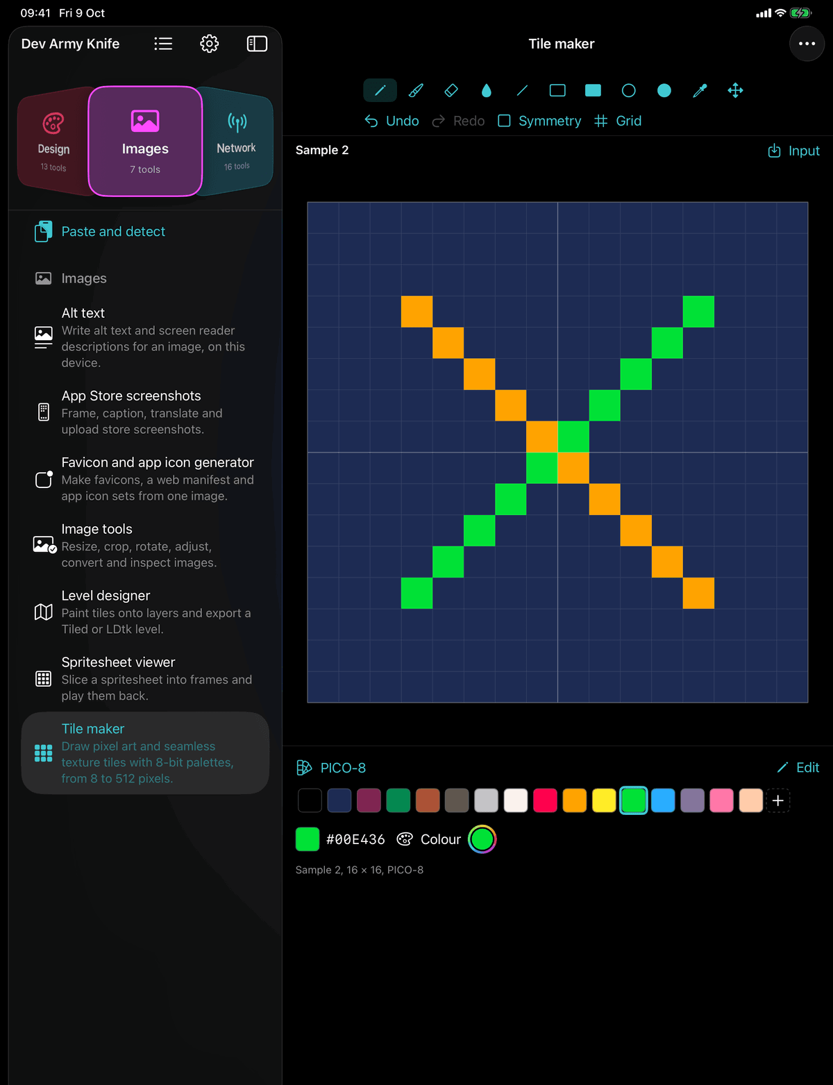 Dev Army Knife on iPad: Tile maker. Draw pixel art and seamless texture tiles with 8-bit palettes, from 8 to 512 pixels