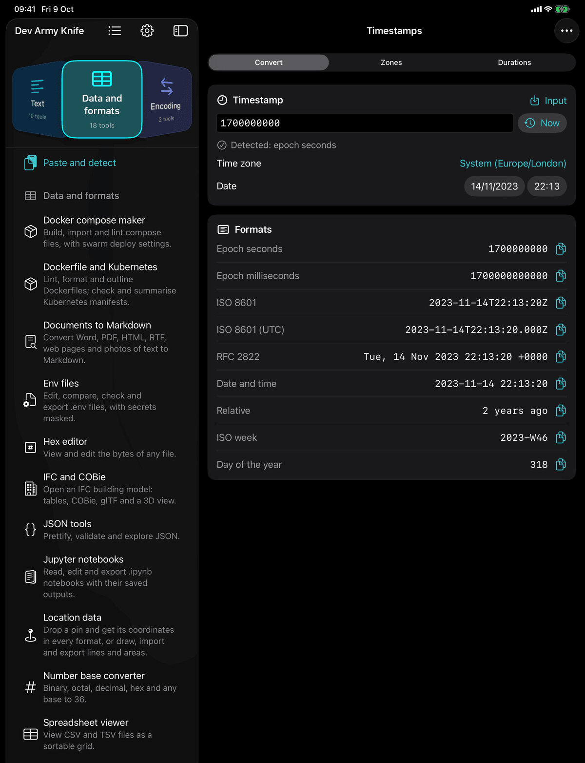 Dev Army Knife on iPad: Timestamp converter. Convert epoch times, ISO 8601 and RFC 2822 dates