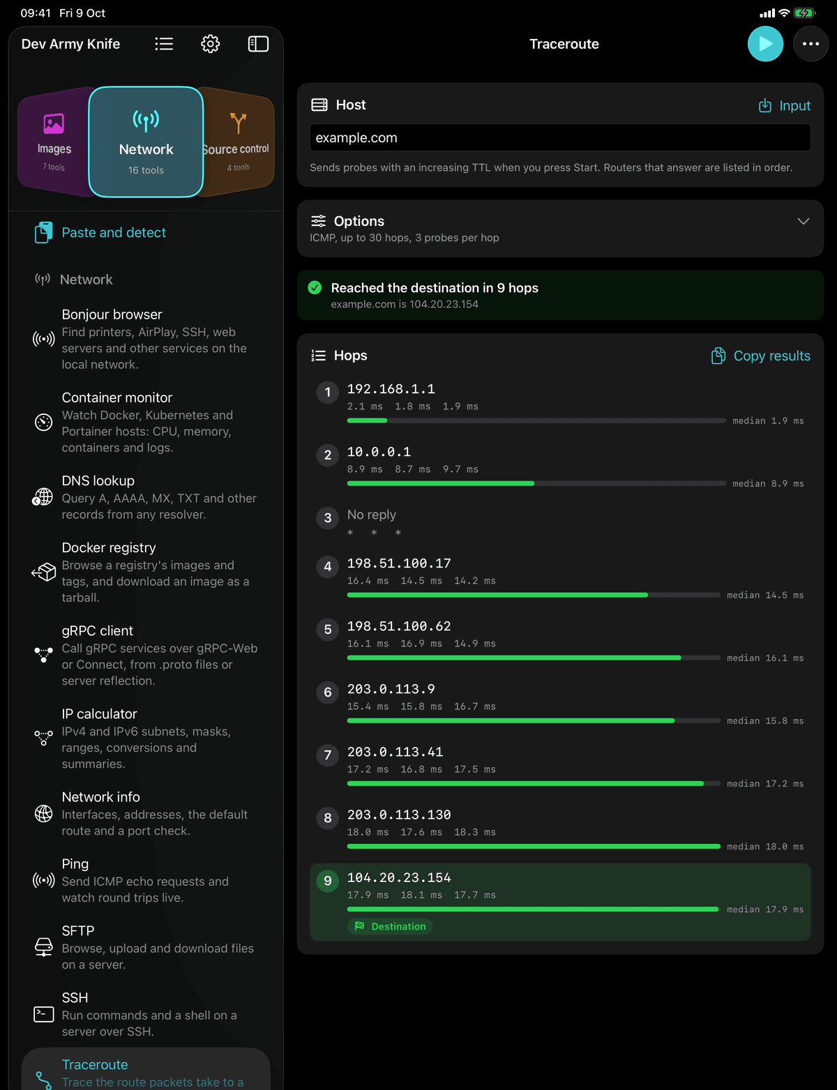 Dev Army Knife on iPad: Traceroute. Trace the route packets take to a host, hop by hop