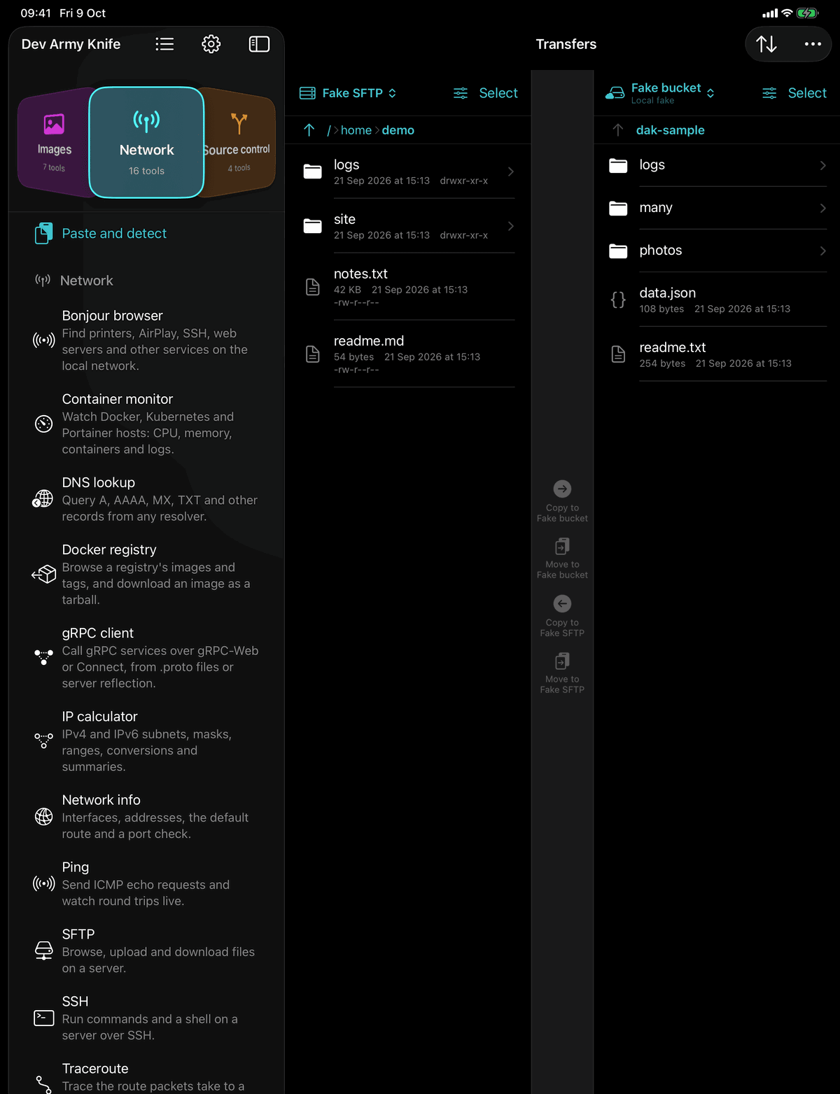 Dev Army Knife on iPad: Transfers. Copy and move files between Files, SFTP hosts and S3 buckets, including server to server