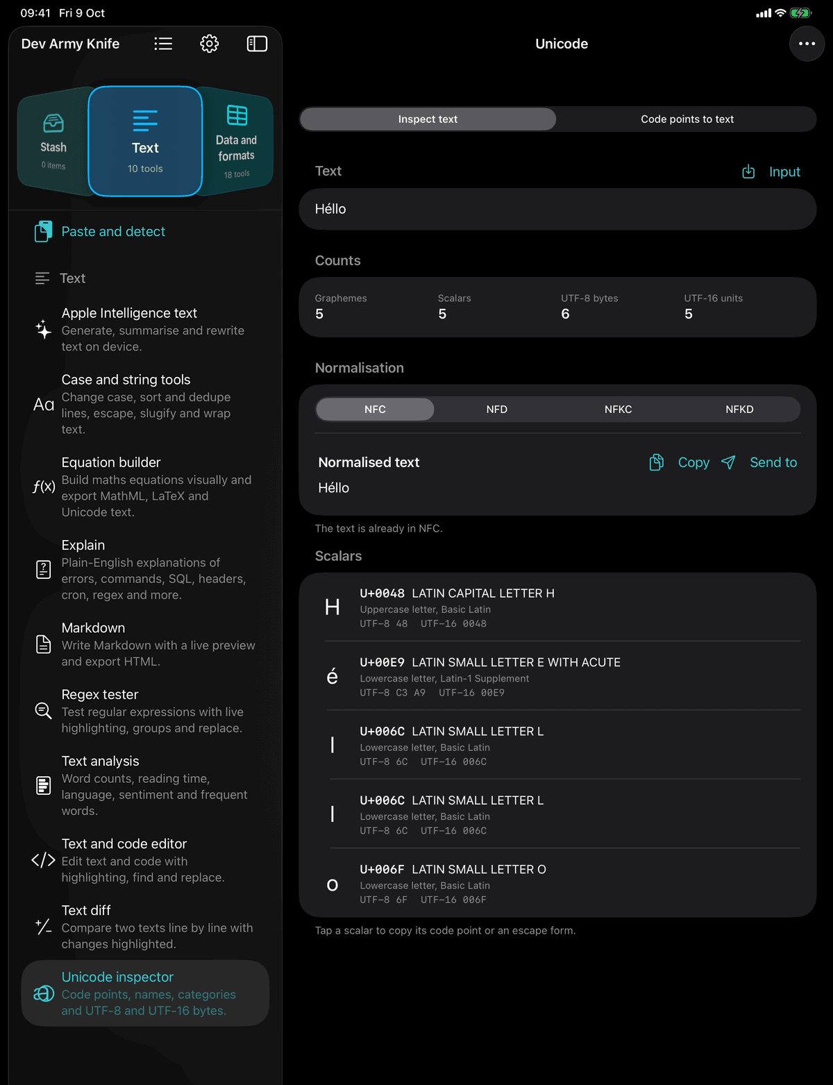 Dev Army Knife on iPad: Unicode inspector. Code points, names, categories and UTF-8 and UTF-16 bytes