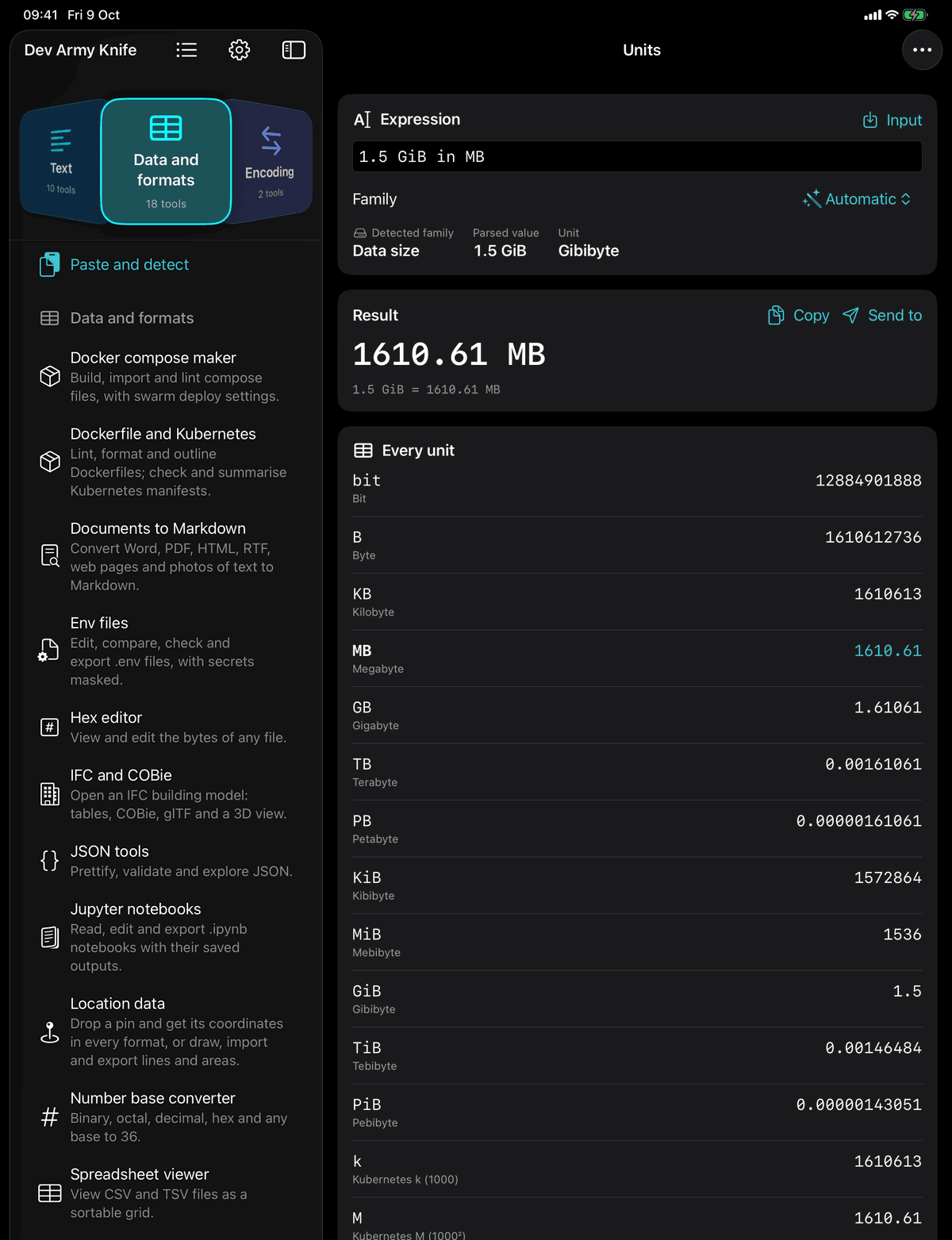 Dev Army Knife on iPad: Units. Convert bytes, durations, bandwidth, temperature, CPU, CSS lengths, angles and frequencies