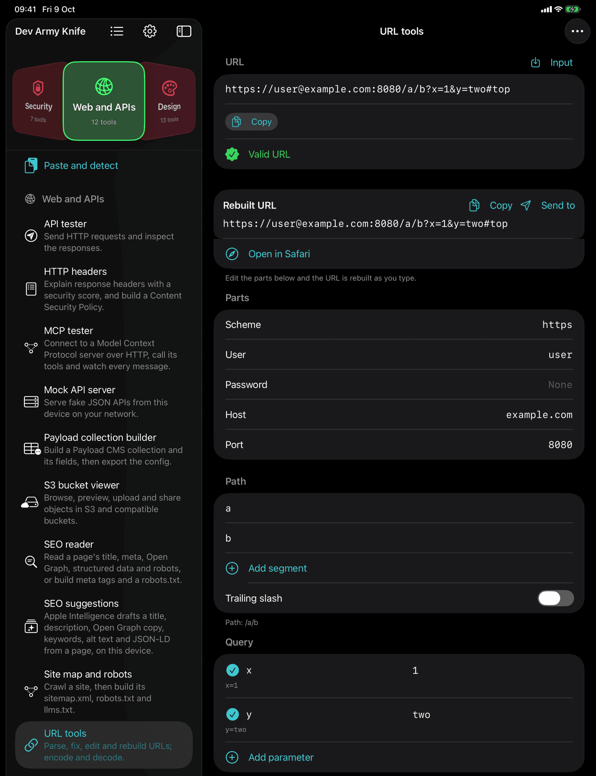 Dev Army Knife on iPad: URL tools. Parse, fix, edit and rebuild URLs; encode and decode