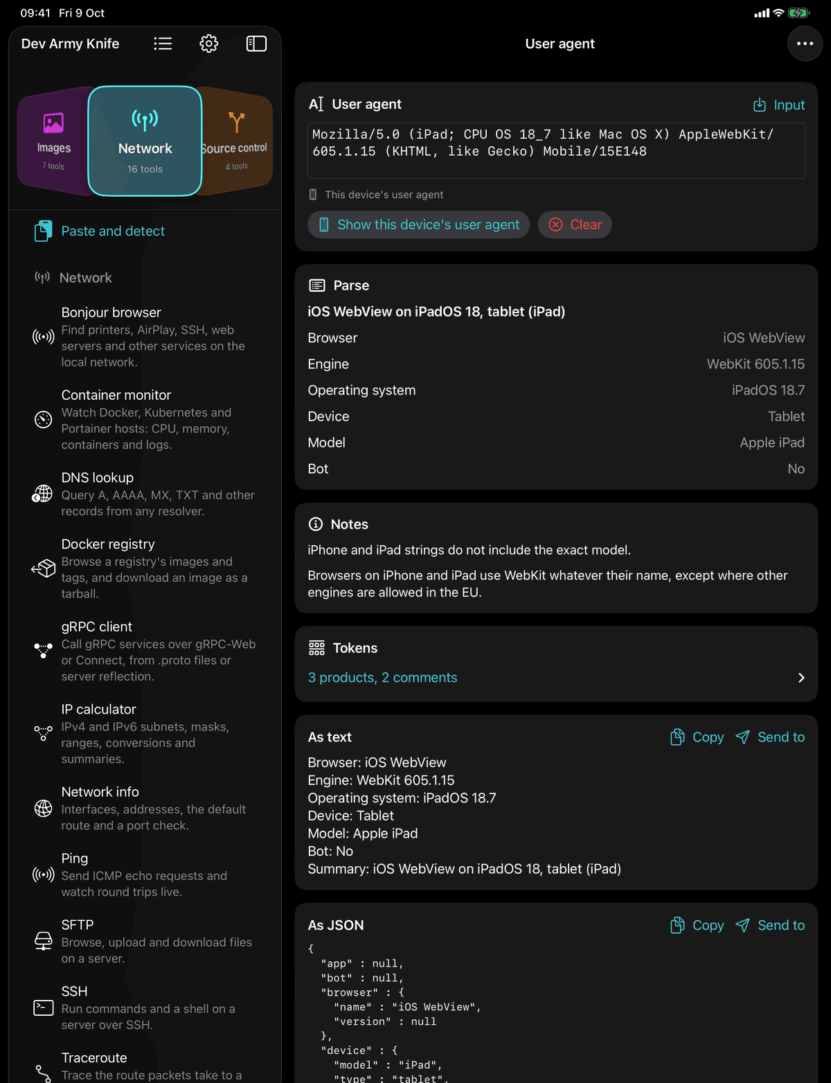Dev Army Knife on iPad: User agent parser. Browser, engine, OS, device and bot from a user agent string, with a library to copy