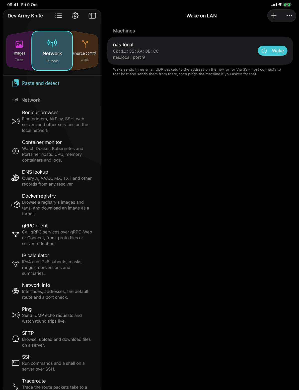 Dev Army Knife on iPad: Wake on LAN. Send a magic packet to wake a machine, then watch it come up