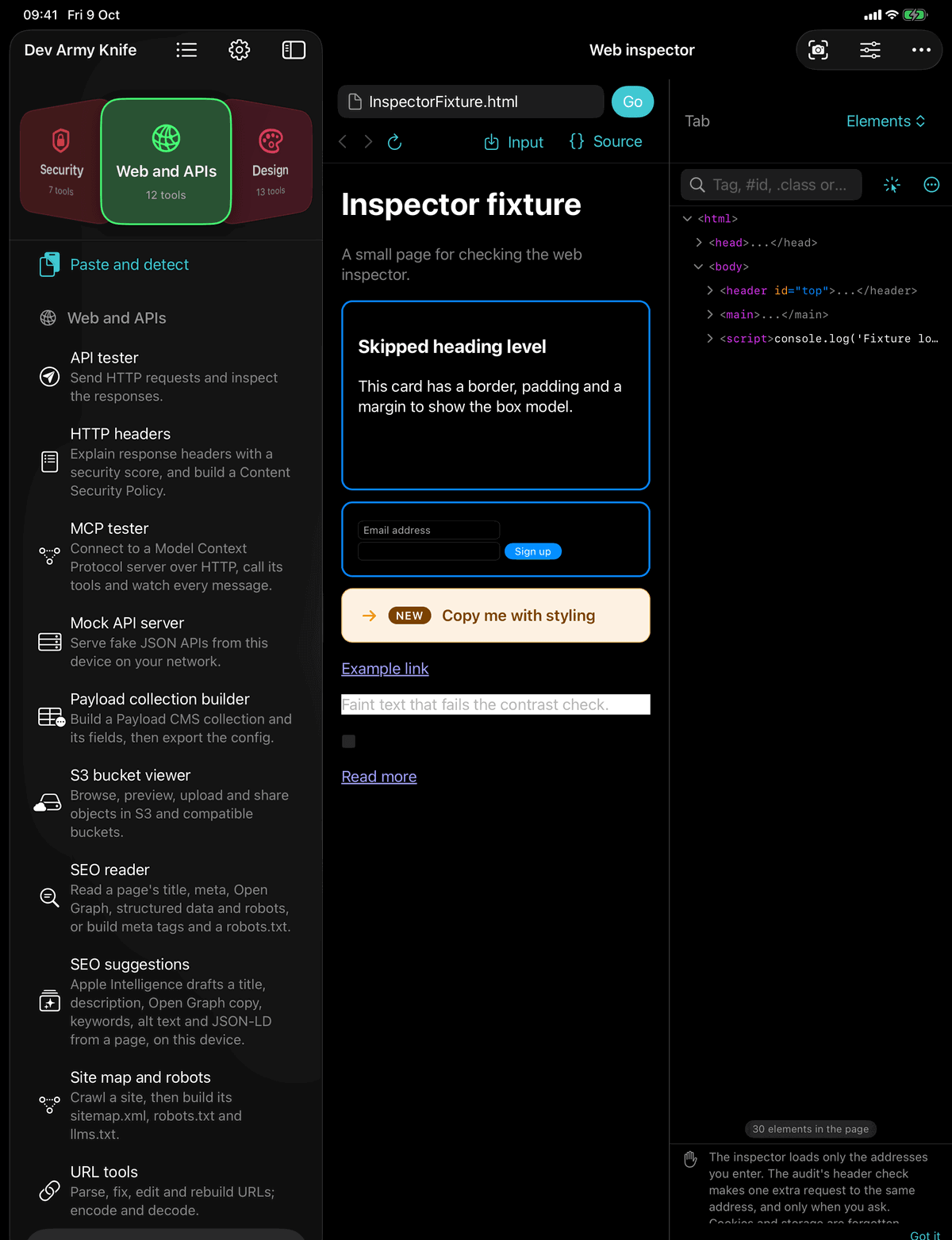 Dev Army Knife on iPad: Web inspector. Load a page and inspect its elements, console, network, storage and accessibility
