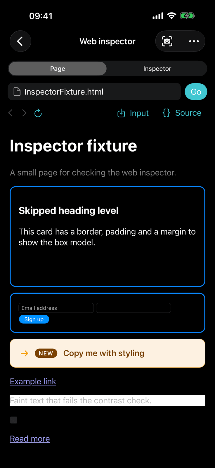 Dev Army Knife on iPhone: Web inspector. Load a page and inspect its elements, console, network, storage and accessibility